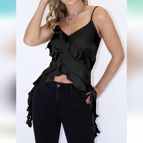NWOT Womens Silk Spaghetti Strap Tank Tops Ruffle Going Out V-Neck Camisole, S - Picture 5 of 11